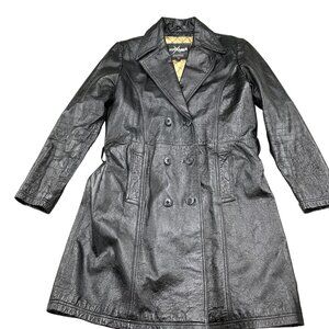 Maxima Wilsons Coat‎ Women Lg Black Leather Double Breast Shiny Crinkle Long VTG